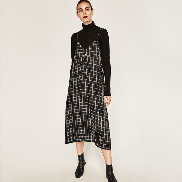 ZARA LONG PLAID FLANNEL STRAPY DRESS BLACK GRAY WHITE CHECKED STUDS S M - Picture 1 of 8